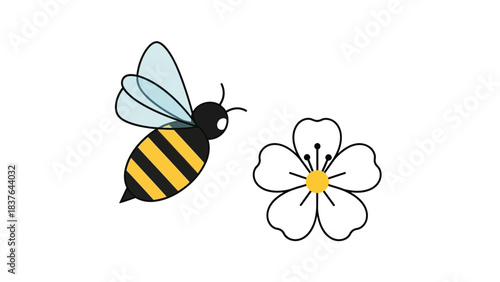 Cartoon bee with translucent wings hovers near a white blossom with a yellow center on a white background