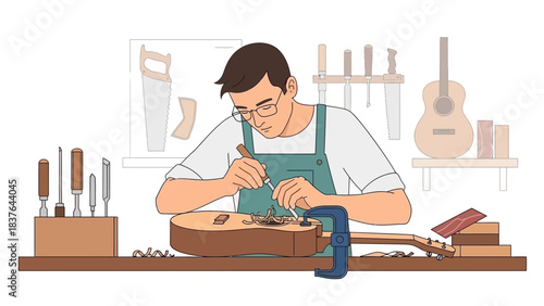 Cartoon craftsman carving guitar body, tools around on a workbench in a studio or workshop