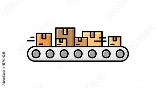Cartoon conveyor belt with assorted boxes moving quickly from left to right