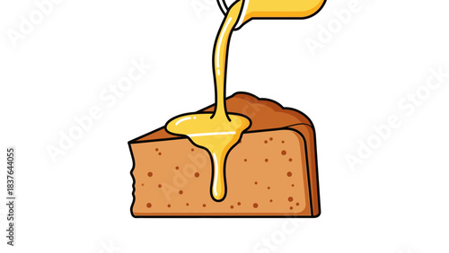 Cartoon cake piece with syrup being poured; brown tones and white background, simple and inviting graphic