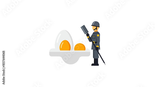 Cartoon guard with spear stands by two egg halves in a holder