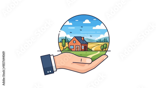 Cartoon hand holding a landscape with house, field, sky in circular frame, suggesting security, dreams, and potential