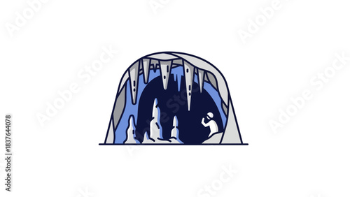 Cartoon illustration shows a person exploring a stalactite-filled cave with a dark interior, blue and grey palette