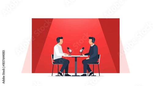 Cartoon illustration of two people recording a podcast against a red backdrop and microphones