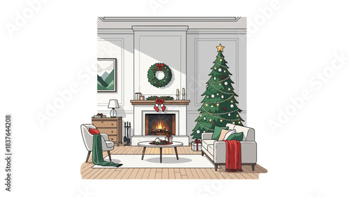 Cozy living room featuring a decorated Christmas tree and fireplace