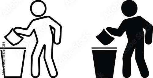 Person Throwing Trash in a Bin Icon, Dispose of Trash Icon, Littering Prevention Symbol, Throw Away Garbage Sign, Recycle or Dustbin Icon, silhouette, vector, illustration.