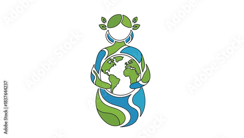 Figure cradling Earth outline art, green & blue