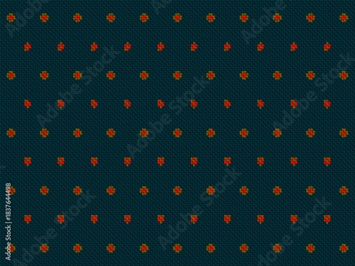 A teal woven fabric shows a dotted red floral pattern.