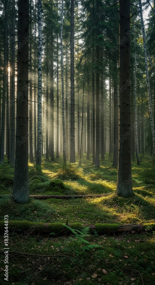 Fototapeta premium Tall coniferous trees pierce through morning sunlight filtering into a dense woodland undergrowth