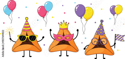 Cute Party Character Vector Set Featuring Funny Triangle Mascots with Balloons, Hats, Masks, and Celebration Accessories