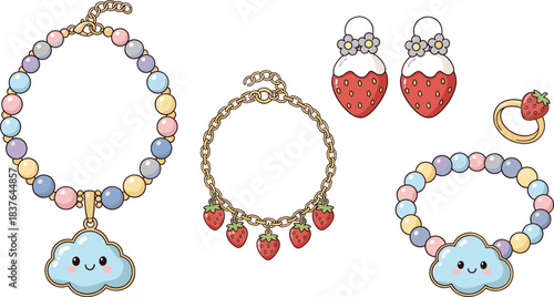 Cute pastel jewelry illustration set with cloud and strawberry charms bracelets earrings necklace and ring