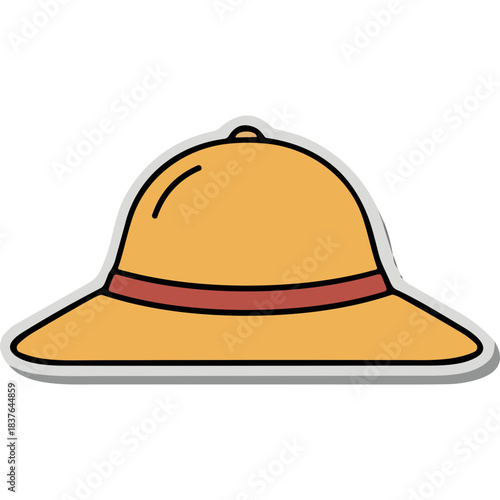 Simple Yellow Pith Hat With Red Ribbon Detail and White Outline On Black Background Vector Illustration