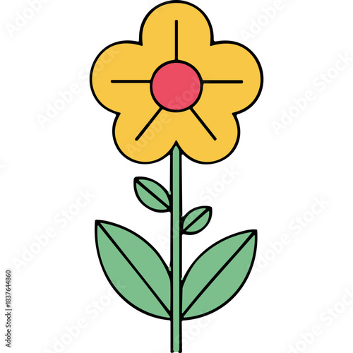 Simple Yellow Flower With Red Center And Green Leaves On Black Background Minimalist Flat Design Illustration Botanical Element