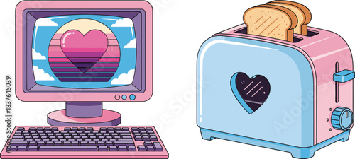 Cute retro computer and toaster illustration with heart symbols in pastel aesthetic cartoon vector style