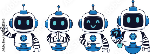 Cute Robot Character Vector Set Featuring Friendly AI Robots with Different Gestures, Emotions, and Futuristic Cartoon Design