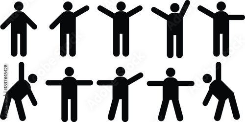 Ten black stick figures demonstrating different basic exercises and stretching positions against a white background