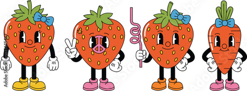 Cute Strawberry and Carrot Character Vector Set with Cartoon Faces, Emotions, and Hand Gestures in Retro Style