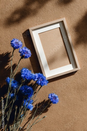 Cornflower Bloom and Empty Frame: The empty picture frame rests, framed by the beautiful cornflower blooms, against a backdrop of sun-kissed shades.