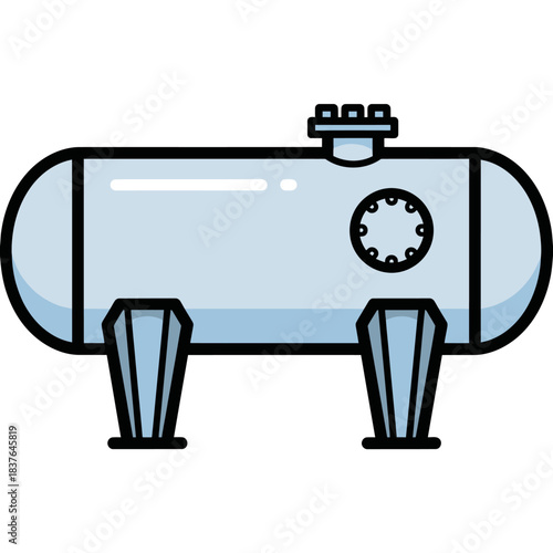 Industrial storage tank icon for liquids or gases, featuring a horizontal cylinder with support legs and access points.