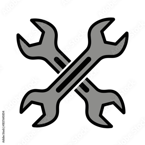 Two grey wrenches crossed in an 'X' shape, symbolizing tools, repair, or mechanical work, set against a plain background.