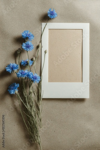 Framed Beauty: A serene composition features a white photo frame poised beside a delicate cluster of vibrant blue cornflowers on a textured surface.