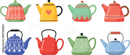 Decorative Teapot Vector Set Featuring Colorful Kettles with Patterns, Vintage Shapes, and Cozy Tea Time Kitchen Design