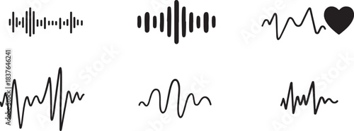 Hand drawn doodle sound wave. Audio, radio frequency vector illustration. Music soundwave. Earthquake seismogram measure, seismogram activity black and white vector set