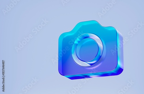3D camera icon, photo capture symbol. Colorful gradient glass like icon, trending glass holographic icon, for graphic design, UI UX interfaces, 3d render illustration.
