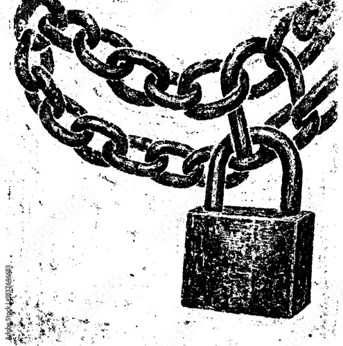 Vintage Chain and Padlock, Retro Xerography Grunge Engraving Metal Lock Illustration on Transparent Background