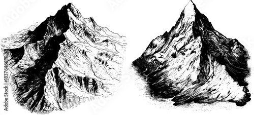 Vintage Mountain Peak Set, Retro Xerography Engraving Rocky Summits Illustration on Transparent Background