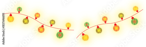 Festive glowing red, green, and yellow string lights vector illustration for joyous holidays, lively parties, and exciting celebrations, isolated on transparent background.