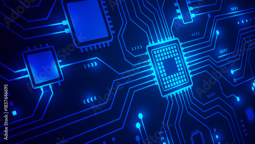 Abstract blue circuit board background with glowing digital lines and central microchip