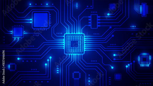 Abstract Blue Technology Background With Glowing Central Microchip And Digital Circuit Lines