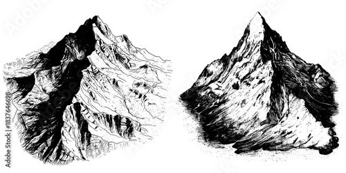 Vintage Mountain Peak Set, Retro Xerography Engraving Rocky Summits Illustration on Transparent Background
