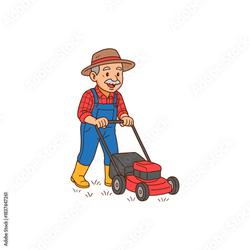 Illustration of a gardener cutting grass with a machine