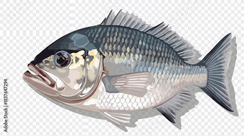 A detailed illustration of a grey and silver fish with prominent scales and fins.