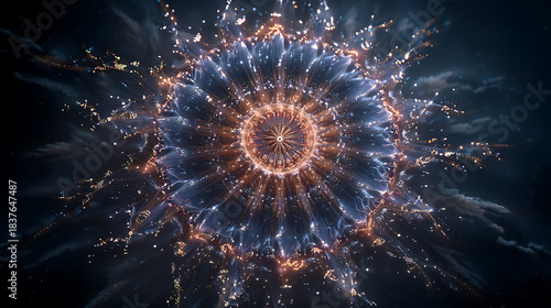 composition of a central, complex firework star, exploding into concentric rings of vibrant color, with perfectly mirrored willow and palm-type fireworks cascading down the sides of the frame. 
