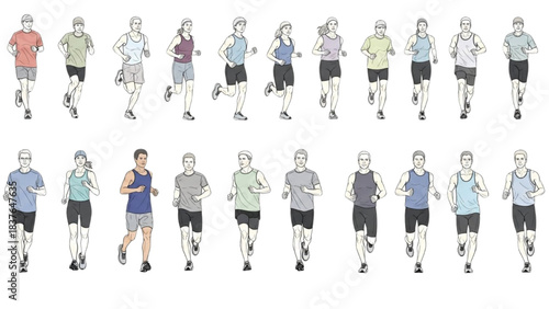 Illustrations of diverse individuals engaged in jogging and running activities, promoting a healthy lifestyle and wellbeing