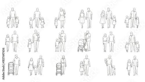 Architectural sketches of diverse families and individuals, featuring adults and children