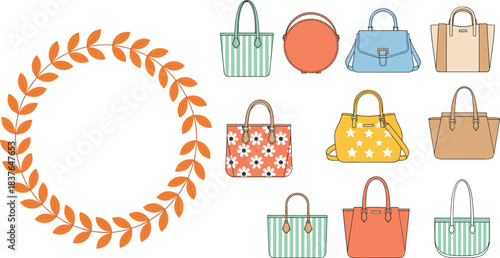 Floral wreath frame and women handbag illustration set with trendy tote bags and fashion accessories