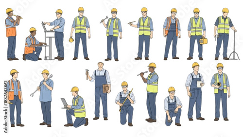 Detailed hand-drawn collection of skilled tradespeople and construction workers performing various jobs