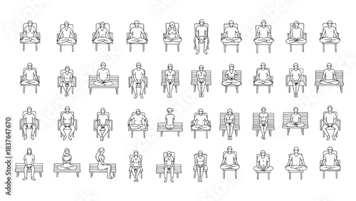 Extensive set of diverse line art icons illustrating people in numerous sitting postures for graphic design projects