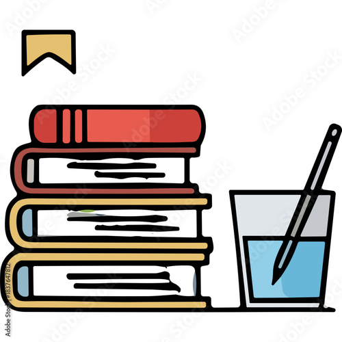 Stack Of Books Next To A Glass Of Water With A Pen Beside It Featuring A Bookmark And A Clean Simple Design In Yellow And Red Colors