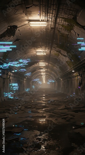 Dimly lit, decaying underground passage features glitching digital artifacts and standing water