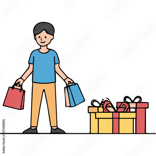 Smiling Young Man Carrying Shopping Bags Standing Next To A Gift Box Filled With Shopped Items With A Black Background