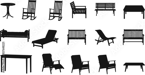 Furniture silhouette icon set with chairs benches tables loungers and outdoor garden seating elements