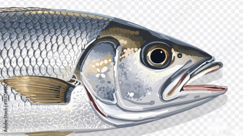 Close-up illustration of a silver fish head with an open mouth and detailed scales, showcasing its aquatic features.
