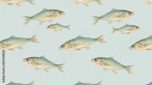 Seamless pattern of various fish swimming on a light blue background, creating a serene underwater scene.