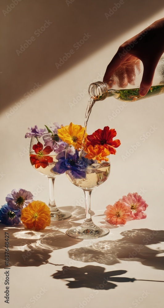 Naklejka premium Hand pouring drink into glasses adorned with colorful spring flowers