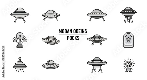 Modern Line Art Collection of Unidentified Flying Object Icons. Vector Set of Alien Spaceships and Extraterrestrial Technology Symbols for Sci-Fi Designs